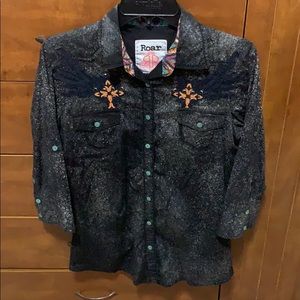 ROAR splattered black button up